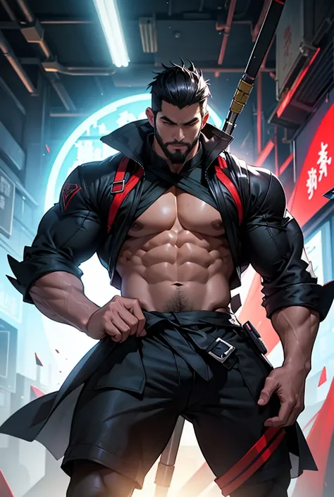 Chinese style, cyberpunk, a strong man with a handsome longbow and arrow, wearing futuristic style clothing, muscular, unfastened coat, half sleeves, pixiv high rating, giggle, 1boy, uncle, short beard, fighting stance, big dynamics, black hair, red eyes, ...