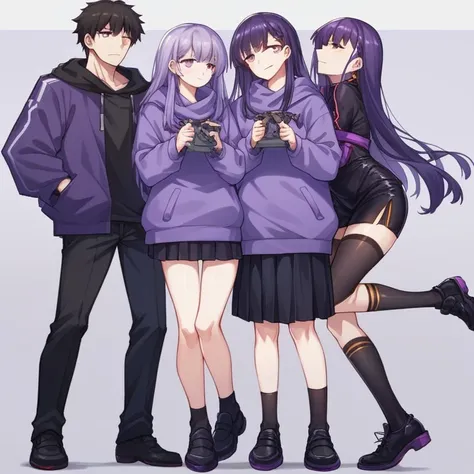 Uniformed anime characters standing next to each other, Girls Frontline Style, Anime Moe Art Style, Perfect android girl family, Purple and Black clothes, From Girls Frontline, Girls Frontline CG, Purple and Black, anime style like fate/Stay Night, Photo o...