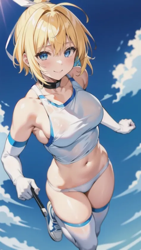 masterpiece, best quality, highres, BREAK , phyami, yamisch,  short hair, blonde hair, pony tail with white ribbon, blue eyes, plain white gym shirt with blue collar, blue buruma, white long elbow gloves, white thighhighs, white sneakers, playful smile, ve...