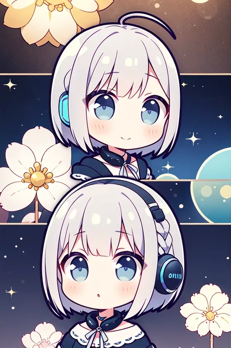 highest quality、masterpiece、one person、Silver braided short bob hair、Light blue eyes、behind-the-head headphones、naughty
