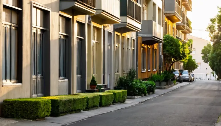 quiet street, several apartments, no people on the street, late afternoon