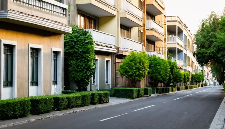 quiet street, several apartments, no people on the street, late afternoon