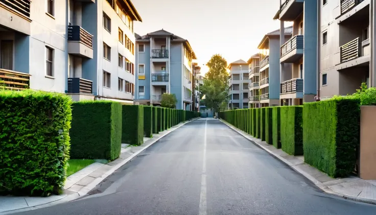 quiet street, several apartments, no people on the street, late afternoon