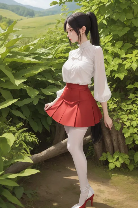 Detailed backgroumd, white blouse, long ponytail, full body, emerald eyes, red skirt, pantyhose, highheels, nature background, accessories, legs folded