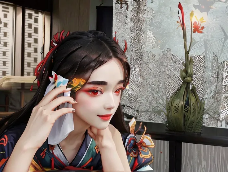 yuanshen,a woman is sitting at a table and talking on the phone, girl calling,,lily,long hair,flower,indoor,japanese clothes,flo...