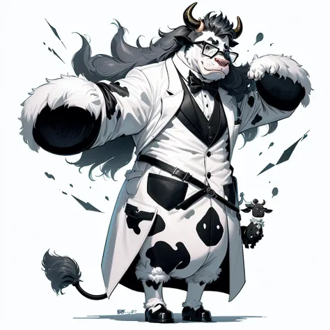 cartoon cow wearing glasses and a coat with a bow tie, cow, bovine, hd illustration, by Steve Prescott, fantastic ， mikecow, by Jan Zrzavý, black and white vector art, mcbess illustration, mcbess, by Tadeusz Pruszkówski, by Adam Marczyński, official illust...