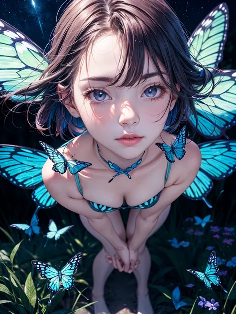 unparalleled masterpiece, ultra realistic 8k CG,masterpiece,pov,(delicate photograph,ultra_detailed,16k,raw photo:1.3),(realistic:1.9,photorealistic:1.9), beautiful detailed eyes,(((1 girl,solo,full body))), 12 years old,blue butterfly, glowing wings, mast...