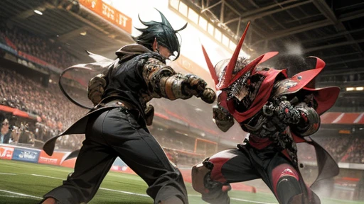 mechanic style, super fine illustration, highly detailed, dynamic angle, beautiful detailed, 8k, At night, in an illuminated fired soccer stadium, the pitch covered in 金属, BREAK a soccer match is taking place. BREAK A robot player, contending with an oppon...