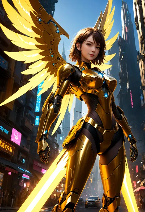 masterpiece,(best quality),Very detailed,Extremely detailed,1 Girl,(Mechanicalwing:Golden,Glowing eyes:blue,Goldenrarmor:1.2,Long ears:0.8),(Cyberpunk City:1.5,arms:Energy Blade),(Fantasy Landscape:1.2,Natural Lighting:1.5,Confident expression),(panoramic:...