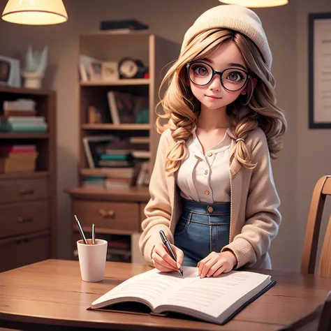 Cute young girl, wearing glasses, shoulder length hair, holding a pen
