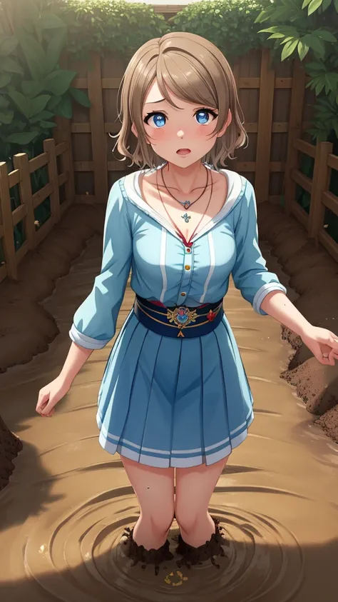 (Masterpiece), 8k wallpaper, solo, Watanabe you, game cg, beautiful detailed face and eyes, perfect anatomy, standing, outside, upset, scared, glossy lips, necklace, jewelry, garden, (sinking in mud)