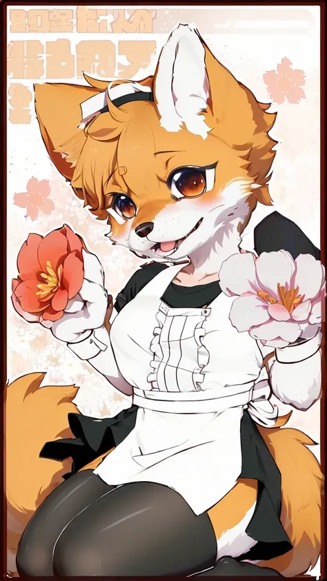 Anime style picture of a dog with a white apron and a flower, Fox Tonic, Fur Affinity Committee, Fulfini Committee, fursona committee, Firmware version, Anthropomorphic Shiba Inu, furry affinity, Fursona Furry Arts Council, high resolution committee, anima...