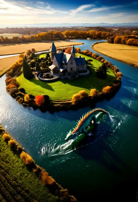 ((picture taken  from the back of dragon: 1.5)), arafed, a picture of a dragon flying above a river, its shadow is cast on the water dragon wings spread wide, dynamic color dragon, you see the back of the dragon, its majestic wings, its tail and river it i...