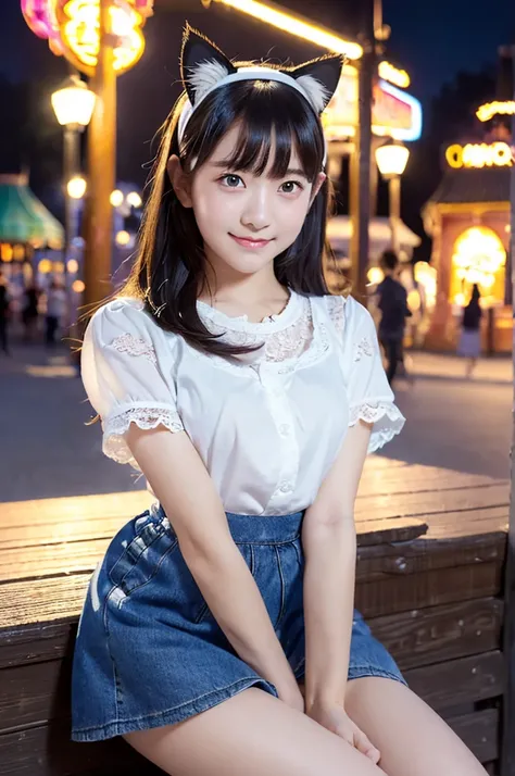 Cute teenage girl、Japanese girl、、whole body、(Cat ears headband、Stuffed cat ears、Short-sleeved shirt、The shirt has lace trim、Denim skirt、Short skirt:1.3)、Spread your legs、Sit with your knees up、Hold one knee、(White panties are visible)、smile、bangs、Long Hair...