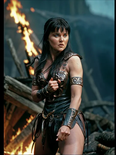 cinematic photo  xenaquiron, xenawarrior, 1girl, long hair, black hair, solo, blue eyes, realistic, armlet,  , at weeping woman'...