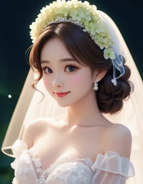 from side, close up face, smile, frilly long sleeves, white lace veil, kawaii, the bride is dressed in a white wedding dress, an...