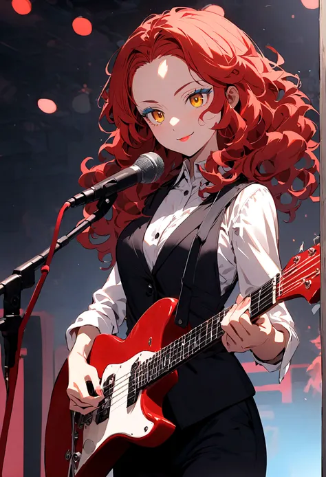 animate, real, 1 girl,30 years old,medium hair,((perm)),wavy hair,red hair,forehead,Voluminous curly hair,Light blue eyeshadow,red eyebrows,yellow eyes, tsurime,narrow eyes,red lips,Confident expression,light smile,calm,black vest,white shirt,collared shir...