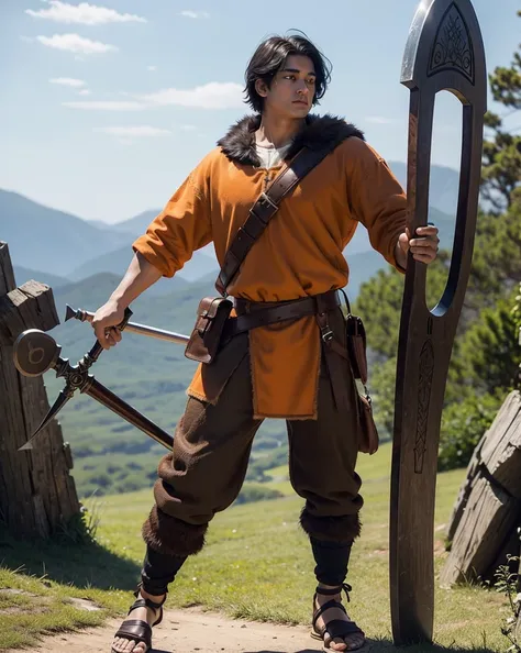 Youth with short black hair and brown eyes, fair skin and clean-shaven, dressed in short orange medieval barbarian fur tunic and trousers, weilding giant axe, sandals; fullbody; short hair, masculine, athletic