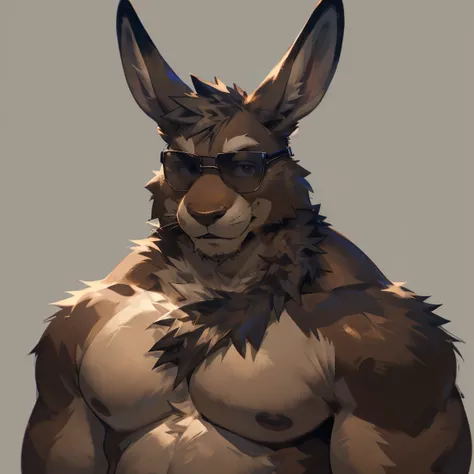 Solo, male, Light brown hare, in one color tone, with long ears, shirtless, chest, big chest view, ((focus body, furry focus, shades focus, body shades)) (((gray background, gray wallpaper, one color))), by darkgem, by mystikfox61, by glitter trap boy