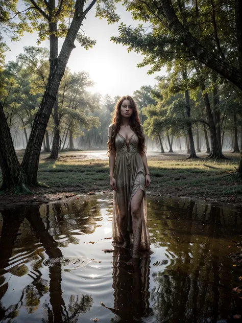 Jan Matejkos style. A portrait depicting a mature woman as Ophelia in sunlight with dirty, long red wavy hair. A pose full of resignation. Front view. Wearing a worn and torn long lace dress from the Middle Ages. She stands knee-deep in water. The long dre...