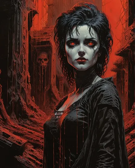 graphic novel art style, a 30-year old hybrid of lydia deetz and siouxsie sioux as a smirking 1980s goth heroine, background com...