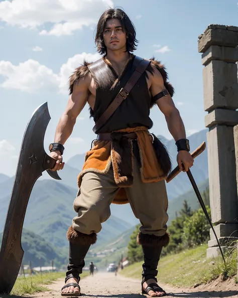 Youth with short black hair and brown eyes, fair skin and clean-shaven, dressed in short orange medieval barbarian fur tunic and trousers, weilding giant axe, sandals; fullbody; short hair, masculine, athletic