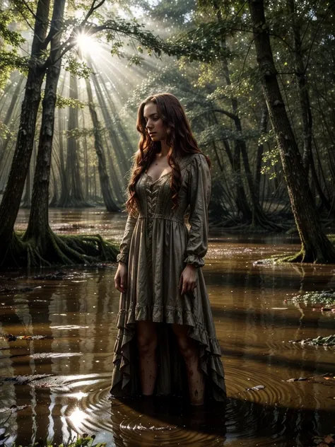 Jan Matejkos style. A portrait depicting a mature woman as Ophelia in sunlight with dirty, long red wavy hair. A pose full of resignation. Front view. Wearing a worn and torn long lace dress from the Middle Ages. She stands knee-deep in water. The long dre...