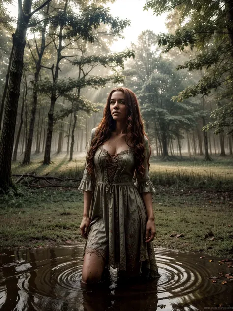 Jan Matejkos style. A portrait depicting a mature woman as Ophelia in sunlight with dirty, long red wavy hair. A pose full of resignation. Front view. Wearing a worn and torn long lace dress from the Middle Ages. She stands knee-deep in water. The long dre...