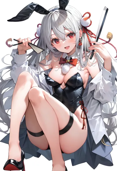 score_9,score_8_superior,score_7_superior,One girl,alone,bangs,blush,smile,View Viewer,:d,black 弓,Black footwear,chest,Gray Hair,collared China,Tassel,Playboy Bunny,Hair between the eyes,hair 弓,hand 下,Holding a folding fan,Knee-high,Stiletto heels,Long Hai...