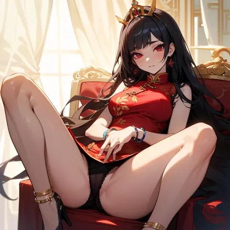 (((8K, masterpiece, best quality, ultra detailed))), HDR, lens flare, particles, chinese gorgeous royal style, A cute chinese princess on a throne in a palace, (composition close to her), (perfect anatomy), spread legs, lift up skirt, show off panty, ((det...