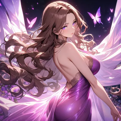 girl, brown hair, wavy hair, long hair, glowing purple eyes, magical silk fabric, mature woman, gorgeous, beautiful background, super detail, beautiful color, glowing butterfly, angel, 