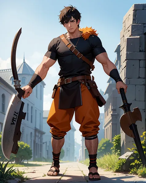 Youth with short black hair and brown eyes, fair skin and clean-shaven, dressed in short orange medieval barbarian fur tunic and trousers, weilding giant axe, sandals; fullbody; short hair, masculine, athletic