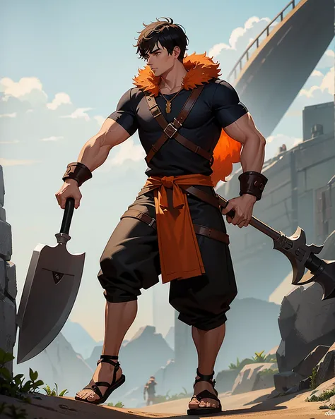 Youth with short black hair and brown eyes, fair skin and clean-shaven, dressed in short orange medieval barbarian fur tunic and trousers, weilding giant axe, sandals; fullbody; short hair, masculine, athletic