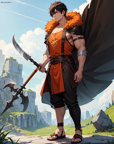 Youth with short black hair and brown eyes, fair skin and clean-shaven, dressed in short orange medieval barbarian fur tunic and trousers, weilding giant axe, sandals; fullbody; short hair, masculine, athletic