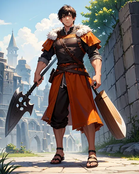 Youth with short black hair and brown eyes, fair skin and clean-shaven, dressed in short orange medieval barbarian fur tunic and trousers, weilding giant axe, sandals; fullbody; short hair, masculine, athletic