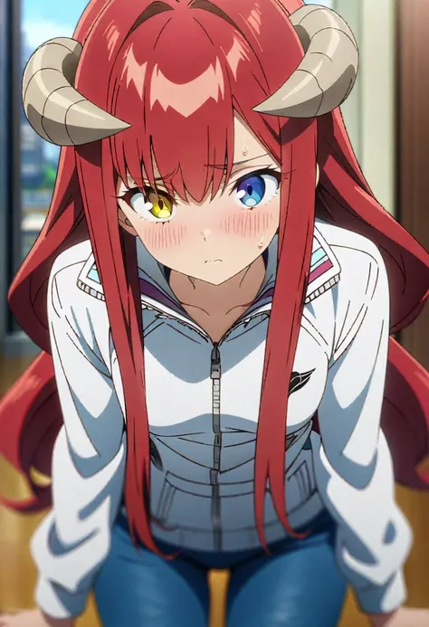 (masterpiece, best quality:1.2) best quality, girl design, portrait, giesha, anime image, long hair, red hair, shy and horny look, heterochromia eyes, hair covering horns, demon horns, blue short jeans, white Windbreaker jacket, small breasts, full body, a...