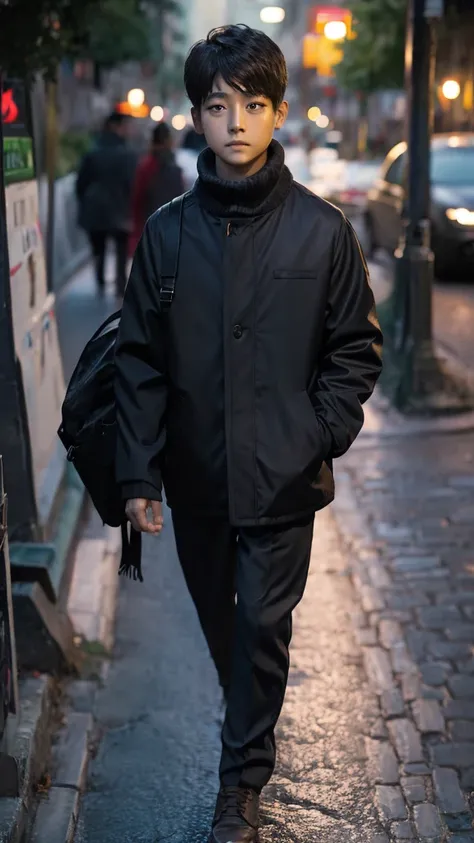 10 years young boy, walking on the street, next to river, evening time, bright face, portrait, modeling for garment, gray eyes,  (facing camera) (Realistic) 