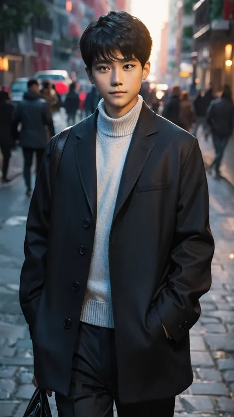 10 years young boy, walking on the street, next to river, evening time, bright face, portrait, modeling for garment, gray eyes,  (facing camera) (Realistic) 