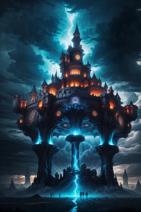 Huge medieval castle in the Magic Circle, Spectacular landscapes, ((Wind effects)),thunderstorm background,(Mythical atmosphere),The light penetrates the clouds, Spectacular Clouds, Blue Theme, Magnificent magic circle and castle, On another planet