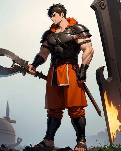 Youth with short black hair and brown eyes, fair skin and clean-shaven, dressed in short orange medieval barbarian fur tunic and trousers, weilding giant axe, sandals; fullbody; short hair, masculine, athletic