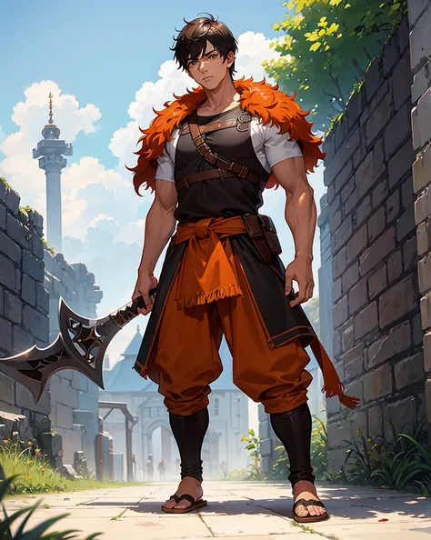 Youth with short black hair and brown eyes, fair skin and clean-shaven, dressed in short orange medieval barbarian fur tunic and trousers, weilding giant axe, sandals; fullbody; short hair, masculine, athletic