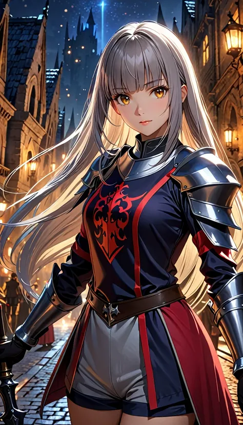 ((Top Quality)), ((Masterpiece)), (Detail), high resolution, Perfect Face, Fine Eyes, Depth of Field, Special Shading, (photorealistic), (upper body), (1 beautiful girl), demon, medium breasts, (grey hair, very long hair, blunt bangs), ((knight wagon unifo...