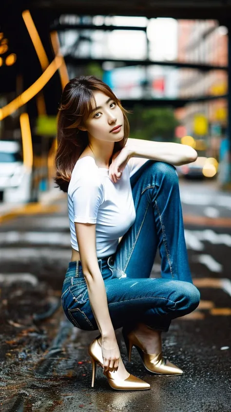 A lovely Korean woman, Beautiful Korean woman, beautiful korean woman, Tall stature, Flowing blond hair, Natural Makeup, Perfect body shape, natural breast, cleveage, Wearing a white tight shirt、Short-sleeved stretch tights and long ripped jeans, 细High hee...