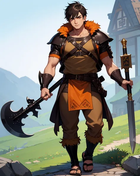 Youth with short black hair and brown eyes, fair skin and clean-shaven, dressed in short orange medieval barbarian fur tunic and trousers, weilding giant axe, sandals; fullbody; short hair, masculine, athletic