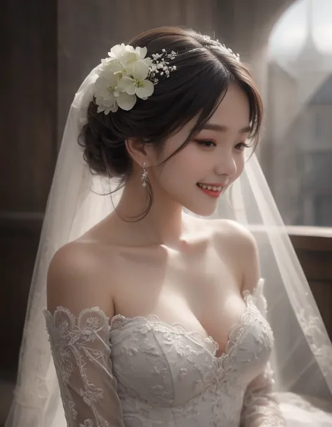 from side, close up face, look away, smile, frilly long sleeves, white lace veil, kawaii, The bride is dressed in a white wedding dress, and her cheeks are flushed with happiness. Her profile exudes a quiet beauty, and a vibrant hydrangea flower is added t...