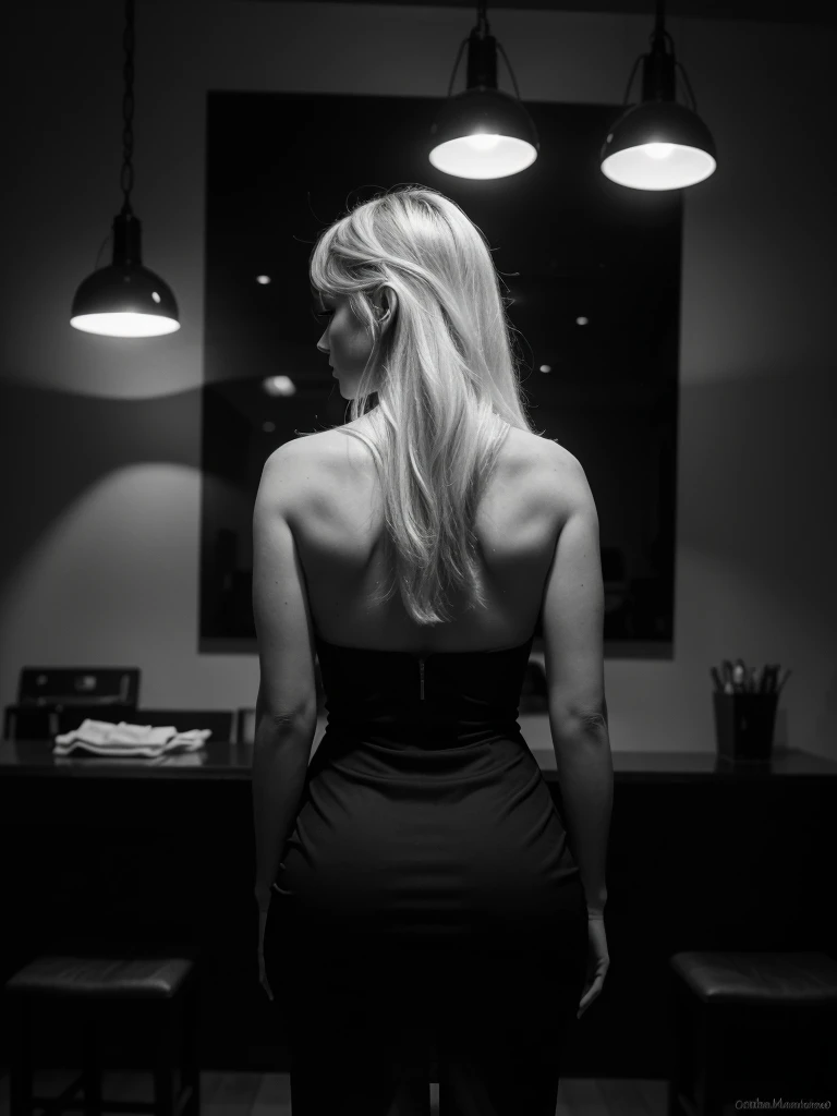 a blonde woman leaning forward, detailed female anatomy, back view, dress, black and white photo, ultra-detailed, photorealistic, 8k, high quality, dramatic lighting, dramatic shadows, chiaroscuro, cinematic composition, elegant, sophisticated, sensual