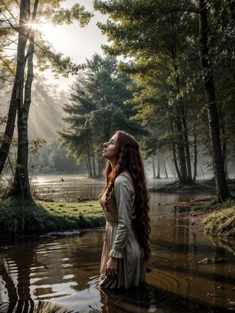 Jan Matejkos style. A portrait depicting a mature woman as Ophelia in sunlight with dirty, long red wavy hair. A pose full of resignation. Side view. Wearing a worn and torn long lace dress from the Middle Ages. She stands knee-deep in water. The long dres...