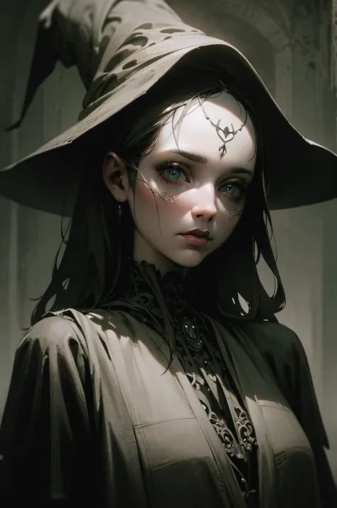 a nude unattractive witch, beautiful detailed eyes, beautiful detailed lips, extremely detailed face and portrait, intricate detailed fantasy character, surreal dark gothic horror atmosphere, moody dramatic lighting, cinematic composition, muted color pale...