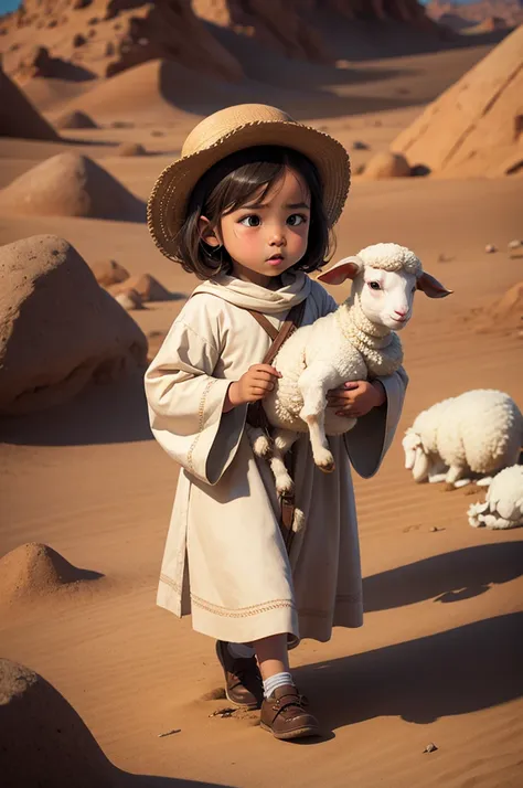 Cute baby Jesus in cartoon style, 3 years old,Walking in the desert holding a wounded lamb in both hands,Lead 9 cute sheep walking behind 8K