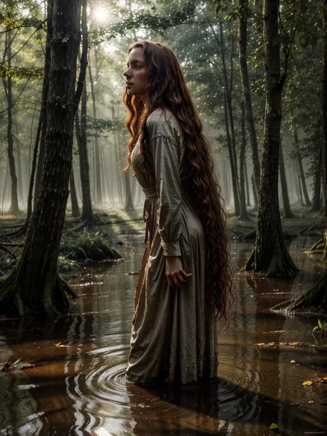 Jan Matejkos style. A portrait depicting a mature woman as Ophelia in sunlight with dirty, long red wavy hair. A pose full of resignation. Side view. Wearing a worn and torn long lace dress from the Middle Ages. She stands knee-deep in water. The long dres...